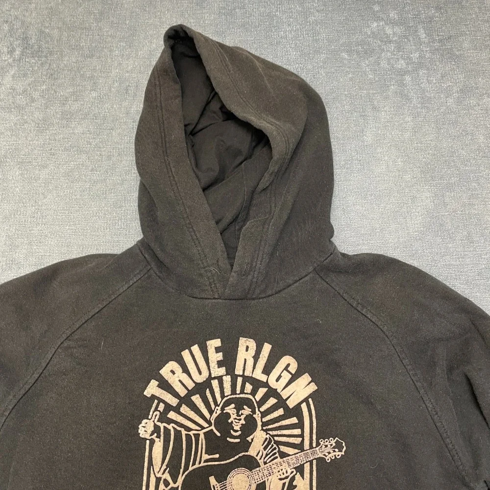 True Religion Hoodie Mens M Black Fleece Lined Buddha Graphic Pullover Cozy